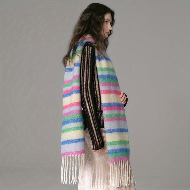 Warm and Soft Stripe Fringe Scarf for Women, Perfect for Autumn Winter, as Oneself Friends Family Gifts, Rainbow-Stripe
