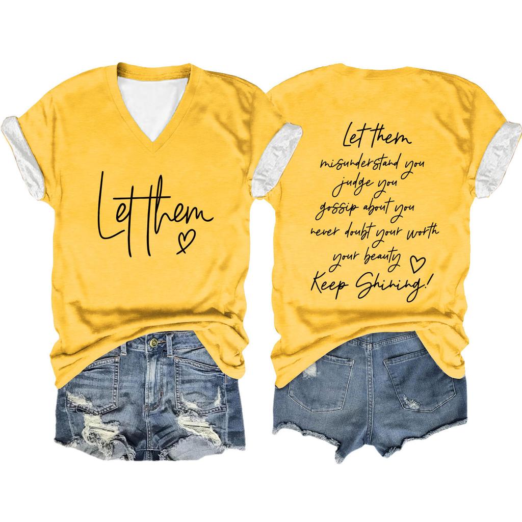 Letni top z dekoltem w serek i nadrukiem litery 3D Modne casualowe damskie T-shirty z krótkim rękawem