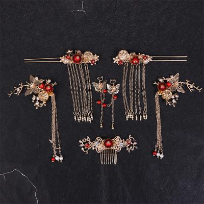 7Pcs/Set Women  Xiuhe Headwear Accessories Chinese Hanfu Bridal Hair Accessories Set Tassel Hair Accessories
