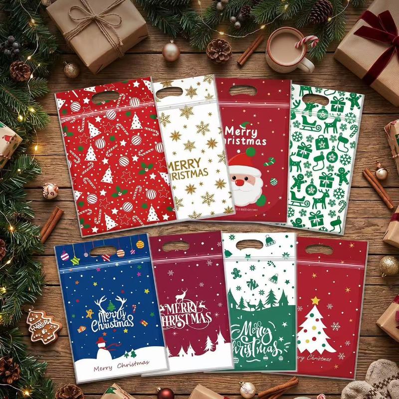 50Pcs Resealable Christmas Resealable Bags Christmas Plastic Sealing Bags With Handles For Xmas Holiday Party Candy