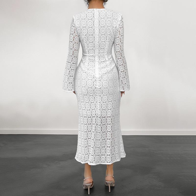 European & American 2025 Spring/Autumn Elegant Fishtail Skirt Long Sleeve Lace White Dress