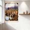 Rustic Vintage Deer In Pastoral Scene Metal Tin Sign, Antlers Buck Drinking Water with Cabin & Grasses, Early Autumn Fall Landsc
