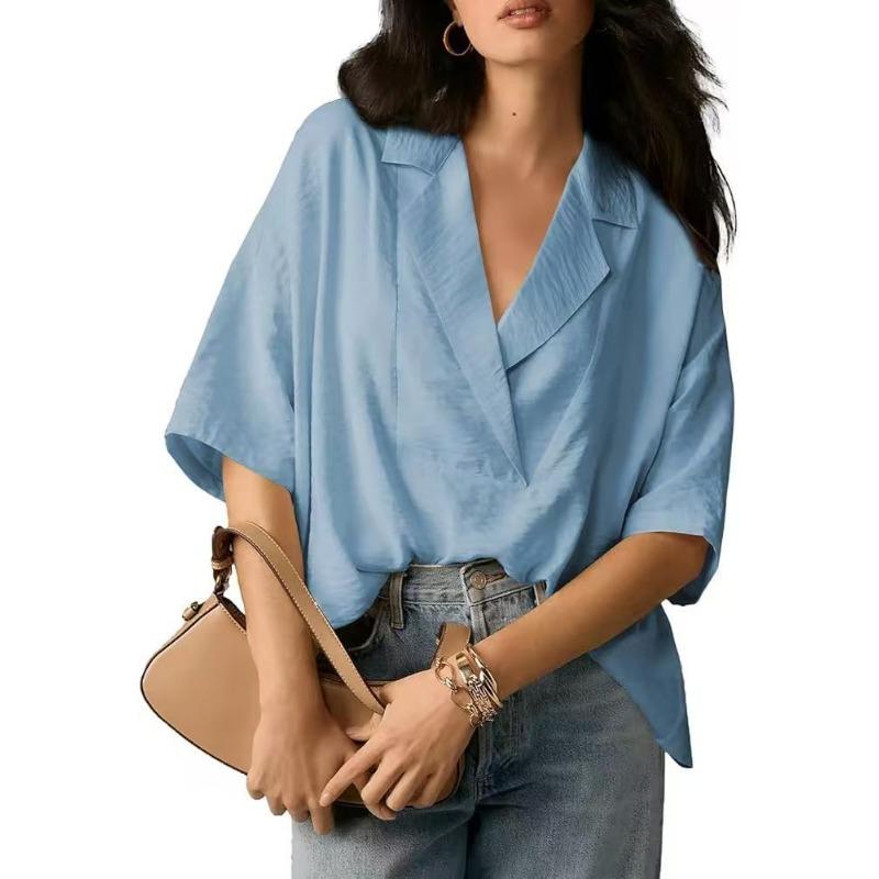 

Плюс размер женский летний новый короткий рукав лацкан повседневный свободный однотонный топ XXL небесно-голубой