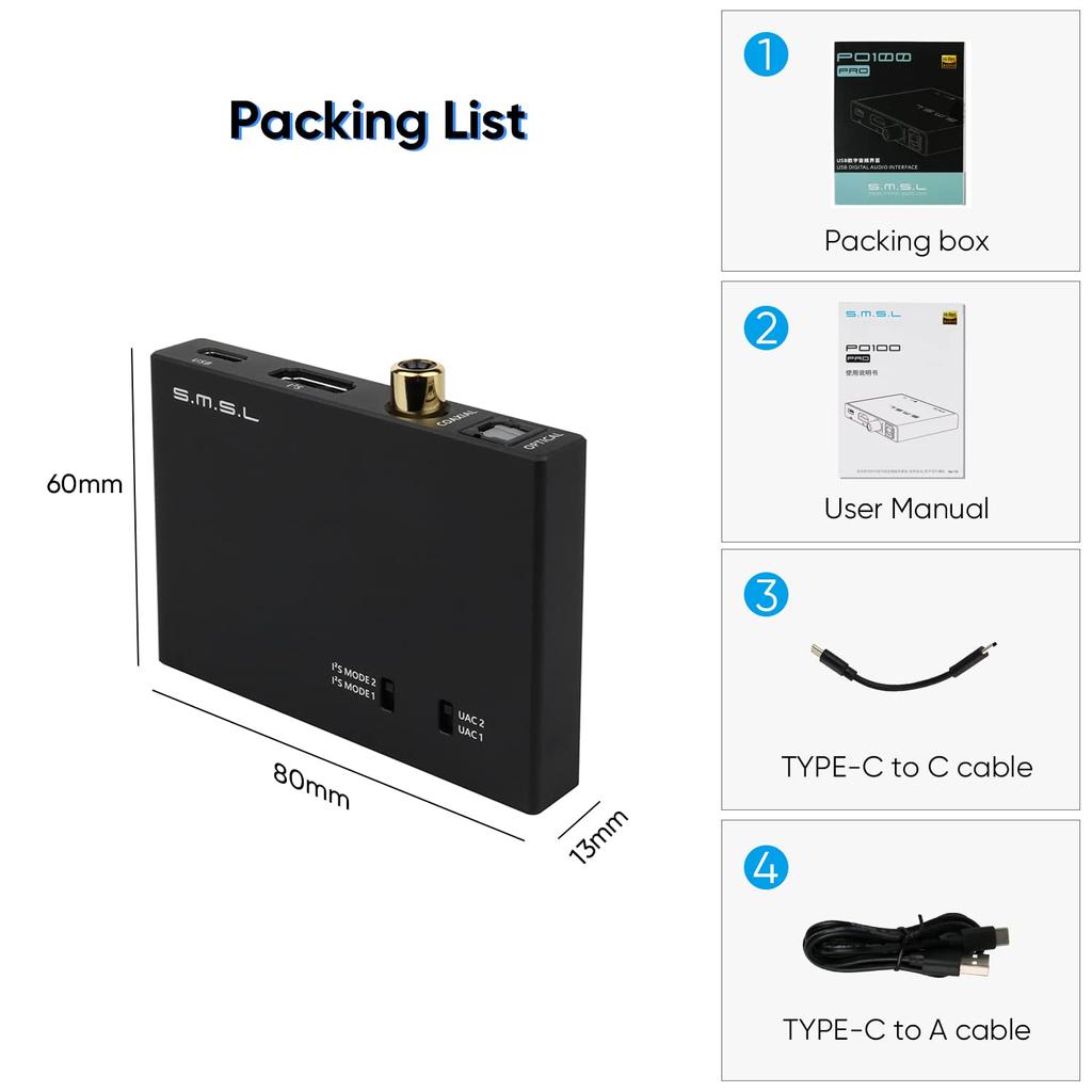 SMSL PO100PRO MQA DDC XMOS XU316 Audio USB Μικρός Φορητός Μετατροπέας Διεπαφής USB για Μετατροπέα Ψηφιακού σε Αναλογικό, Είσοδος Τύπου C, IIS/Οπτική/Ομοαξονική