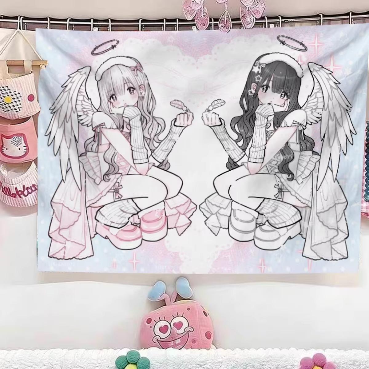 

Anime Angel Girl Tapestry Kawaii Y2K Wall Decor Japanese Cute Heart Star Background Cloth Ins Style Dorm Bedroom Decoration 74x94cm(29x37in)