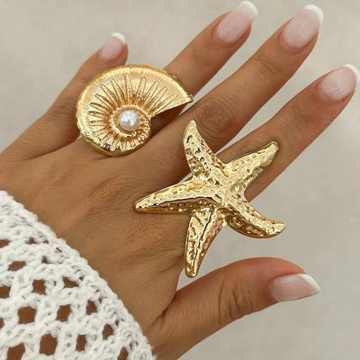 DIEZI Exaggerated Starfish Conch Pearl Rings For Women Men Girls Punk Fashion Beach Style Gold Silver Color Knuckle Joint Ring