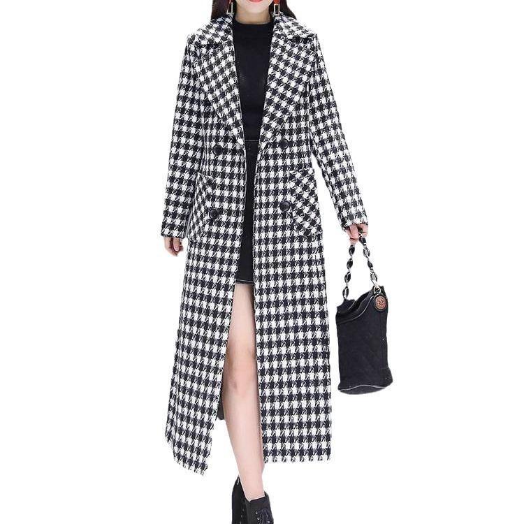 Houndstooth Plaid Woolen Coat for Women Mid Length Slim Fit Winter Warm Coat