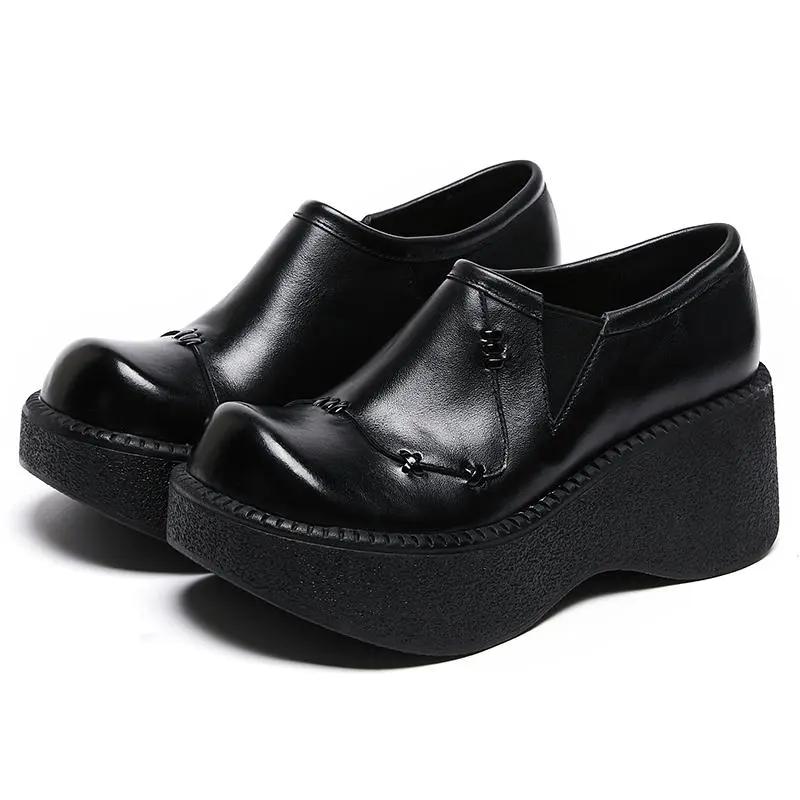 Fashion 6.5CM Handmade Wedges Heel Shoes Women Wide Head Design Genuine Leather Slip On Loafers Comfort Versatile Casual Lady Shoes