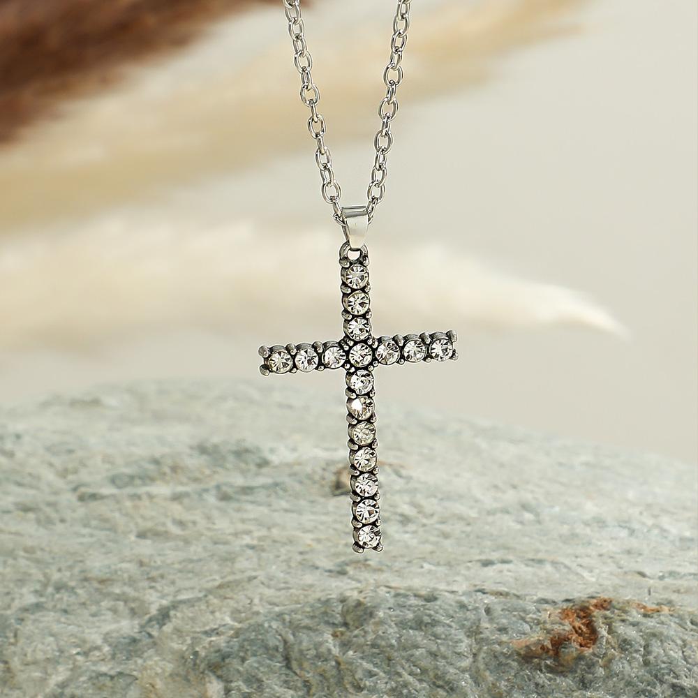 1 Pcs Cross Pendant Necklace With Rhinestone Antique Silver Party Decors Hip hop Gift Idea for Women, Girls, Valentine