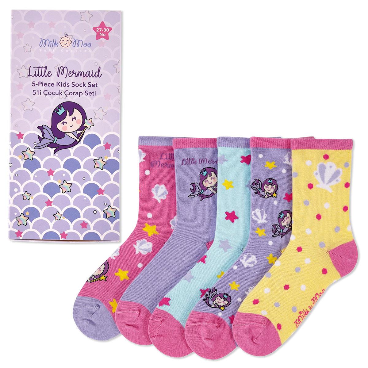 

Milk&Moo Little Mermaid Kids 5-Piece Socks Set, Size 27-30, Soft and Skin-Friendly