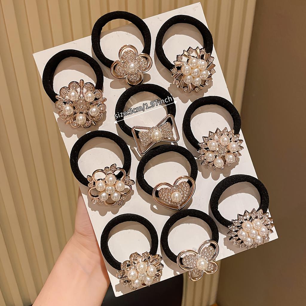 10Pcs Rhinestone Faux Pearl Hair Ties, Elegant Multi-style Set for Daily Wear and Gifting