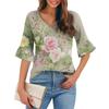 Women's Casual Fashion V-neck Pullover Loose Commuting Floral Three-quarter Sleeve T-shirt Top