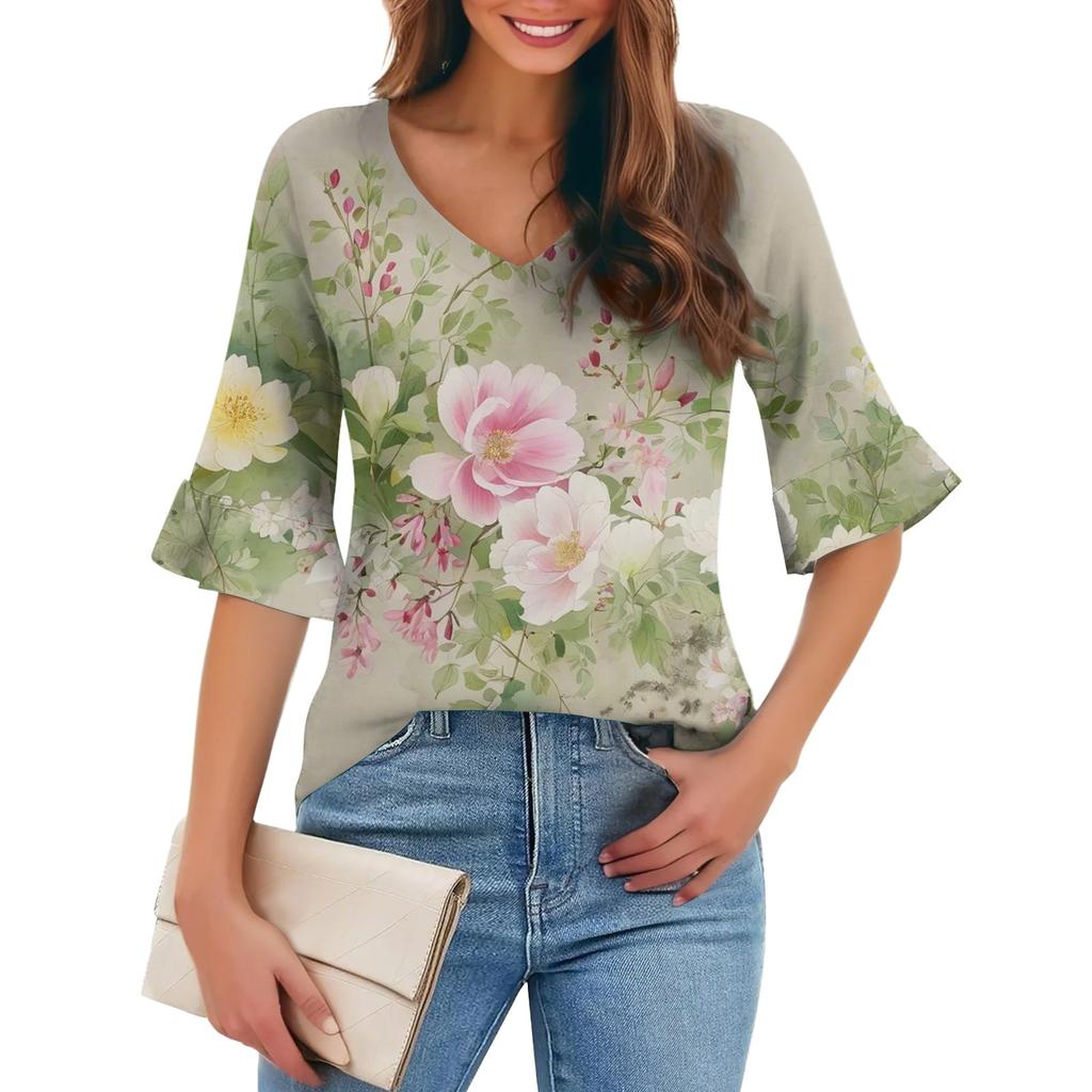 Women's Casual Fashion V-neck Pullover Loose Commuting Floral Three-quarter Sleeve T-shirt Top
