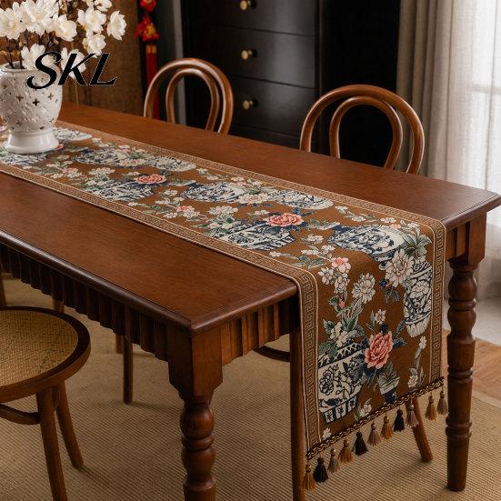 Elegant Dining Table Decor Jacquard Floral Runner, Vintage Peony Farmhouse Runner with Tassels for Home Wedding Party Tassel Edge