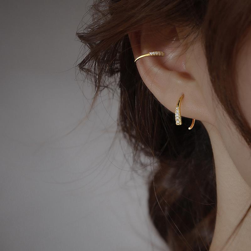 Flash Diamond Earrings Wish Cross-Border Foreign Trade Personalized Row Diamond Earrings Clip Design Semi-Circular C-Shaped Stud Earrings Simple