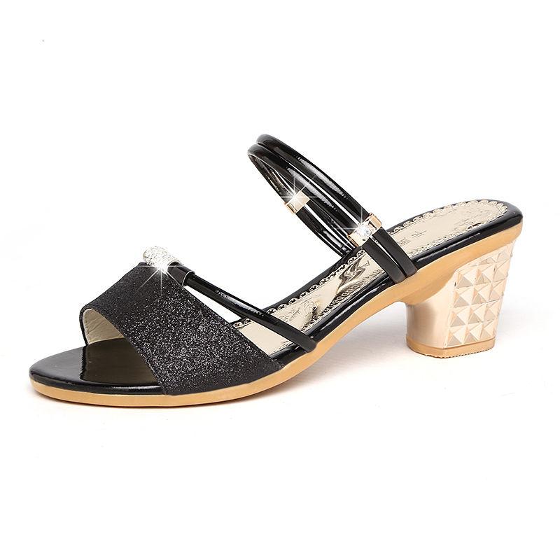 Letní sandály na dvojí použití Dámské střední podpatek Silný podpatek Korejský styl Fish Mouth Korálková přezka vrtačka Dámské boty