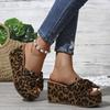 Stylish Comfortable Leopard Print Wedge Sandals - Women's Slip-On Platform Heels with Bowknot