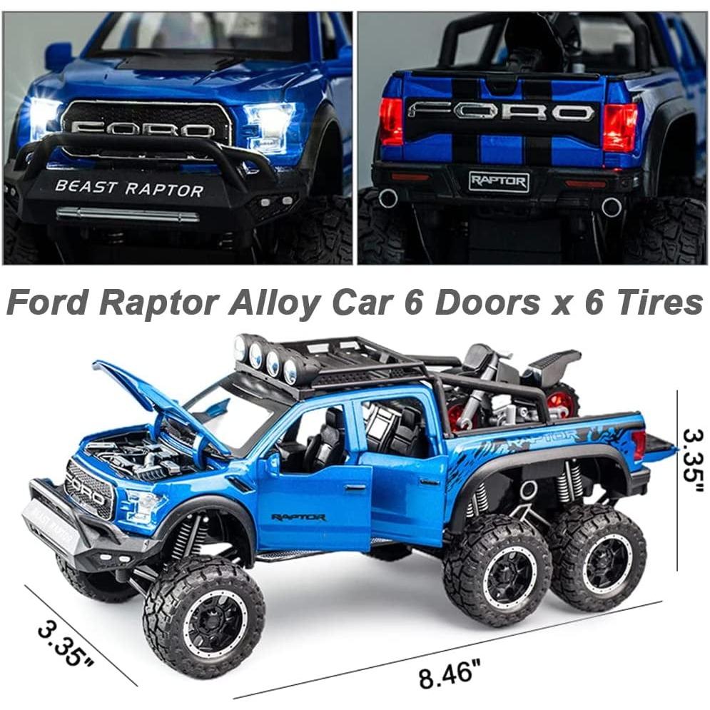 1/24 Scale Toy Pickup Trucks, Truck Toy, Ford F150 Diecast Metal Pickup with Sound and Light, 6x6 Off-Road Pull Back Trucks with Motorcycle for Kids