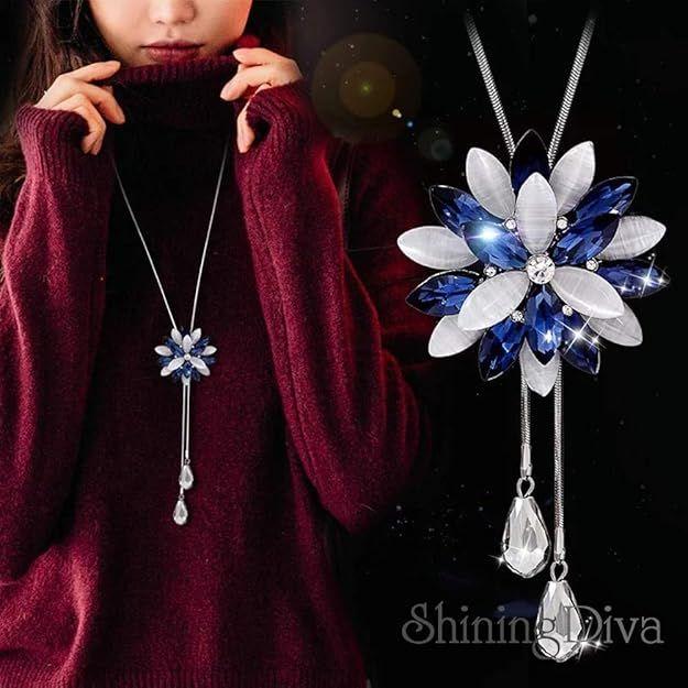 Shining Diva Fashion Stylish Crystal Flower Silver Plated Long Chain Pendant Necklace for Women