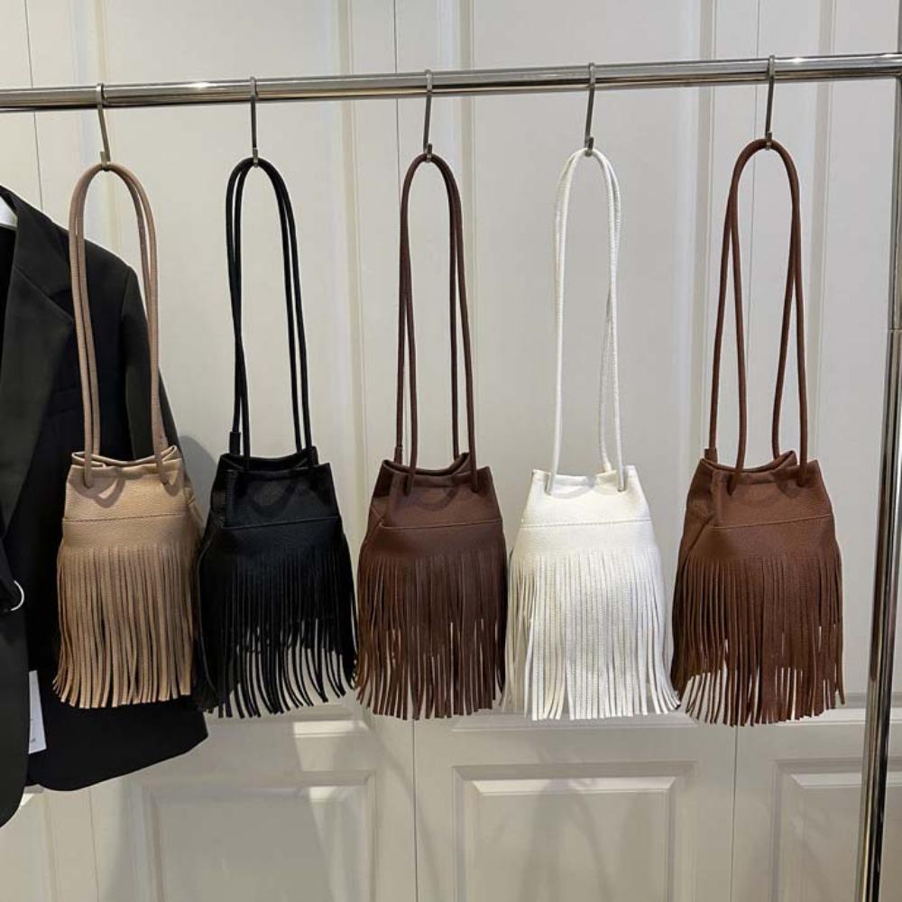 Large Capacity Tassels Bucket Bag Retro Texture Shoulder Pouch Drawstring PU Bag Storage