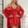 Homewear, sexy lace stitching deep V suspender skirt, long-sleeved robe, sexy pajamas women