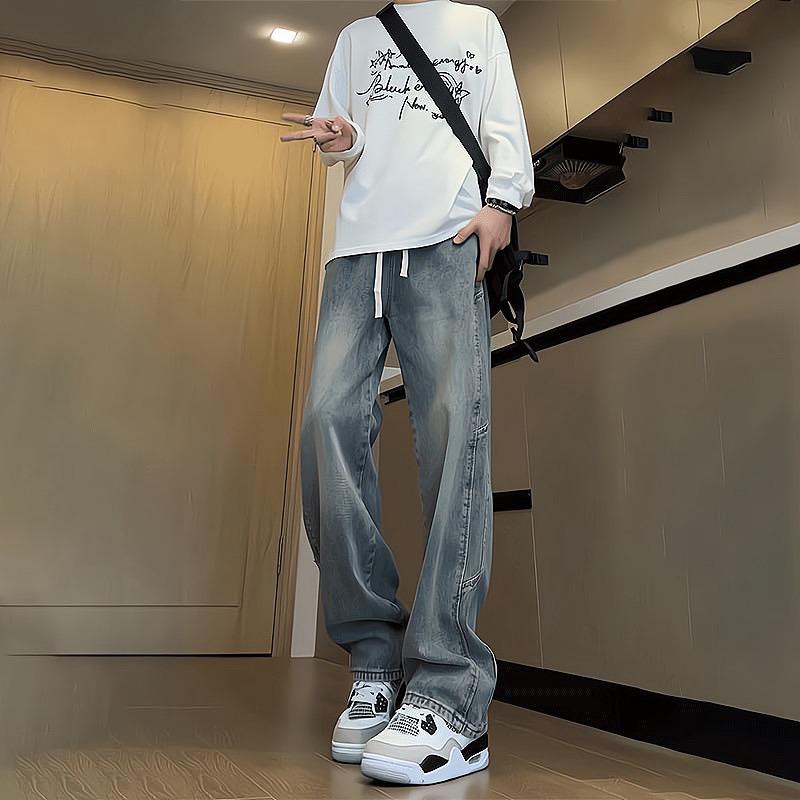 

American Retro Couple Style Elastic Waist Distressed Jeans: Loose, Casual, Straight Leg Drawstring Pants M: 95-108 lbs синій