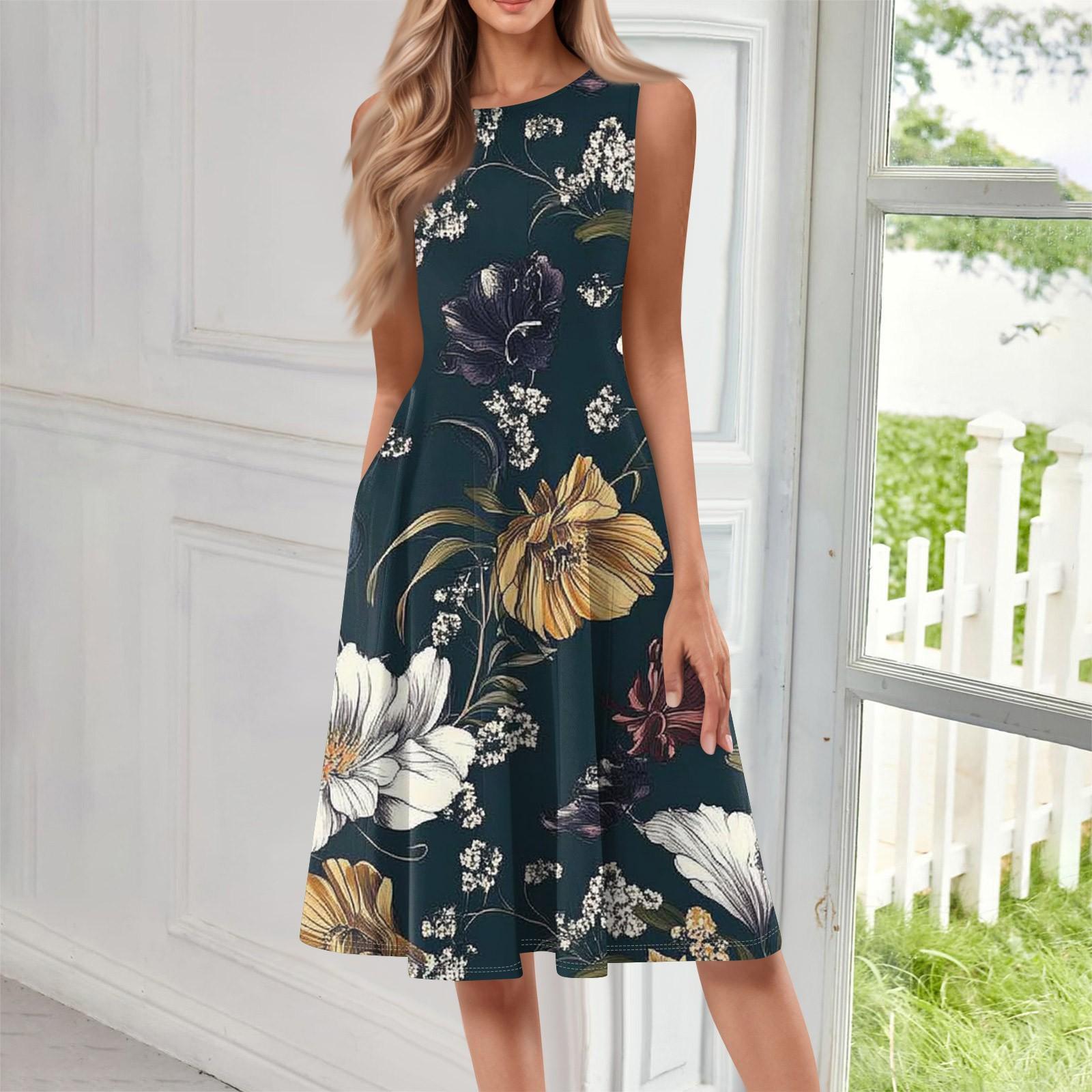 

Женское повседневное модное платье миди с цветочным принтом и круглым вырезом без рукавов L тёмно-синий