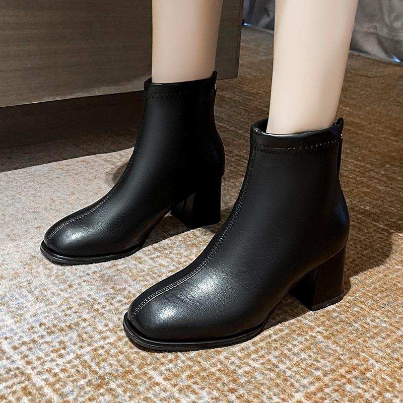 

Мода 2024 года, зима, новые толстые каблуки, бархатные квадратные носки, женские сетчатые красные короткие женские ботинки с молнией сзади, однотонные женские ботинки 39