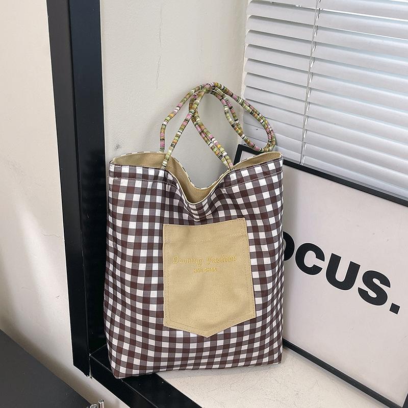 American Double-sided Bag Plaid Canvas Bag Women's Commuter Tote Bag Retro Contrasting Color Handbag Spring New Parent-child Bag