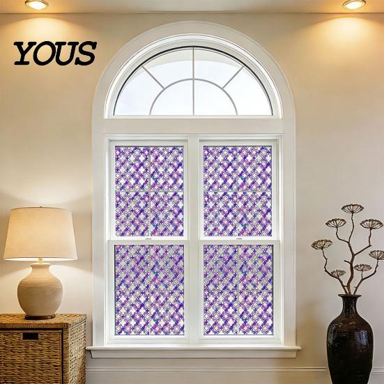 Easy Install Window Sticker Stained Glass Film, Retro Geometric Plaid Static Cling Privacy Decal, Double Non-Adhesive Film for Bedroom Sided