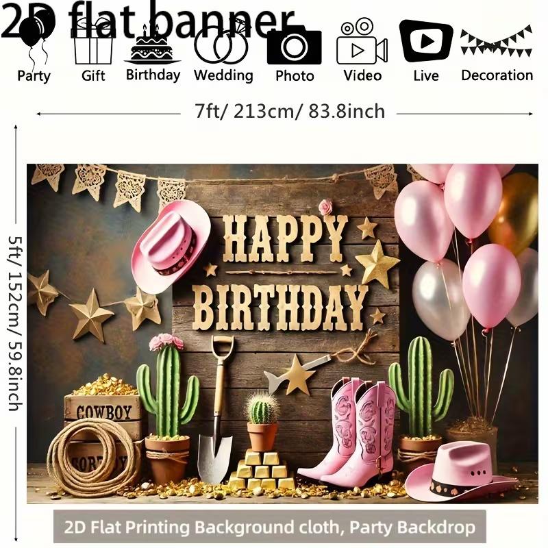 2D Wild West Birthday Backdrop, Girl's Rodeo Party Background Cloth