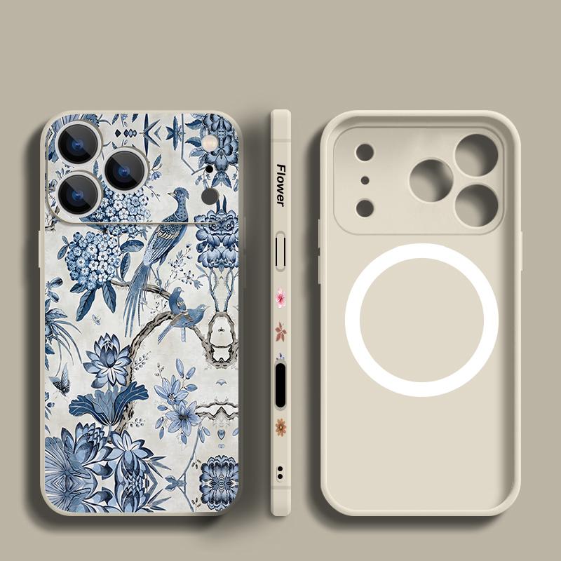 For iPhone 17 Pro Max Case INS Style Retro Pink White Flowers Pattern Magnetic For Magsafe Soft Cover For iPhone 16 15 14 13 Pro Max 17E 16E