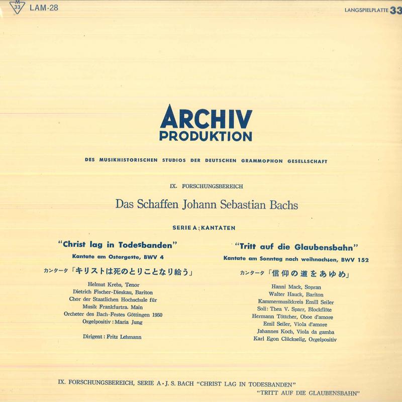 

Виниловая пластинка FRITZ LEHMANN ХОР ГОСУДАРСТВЕННОЙ J S Bach Christ Lag In Todesbanden LAM28 ARCHIV Япония Классика Б/у