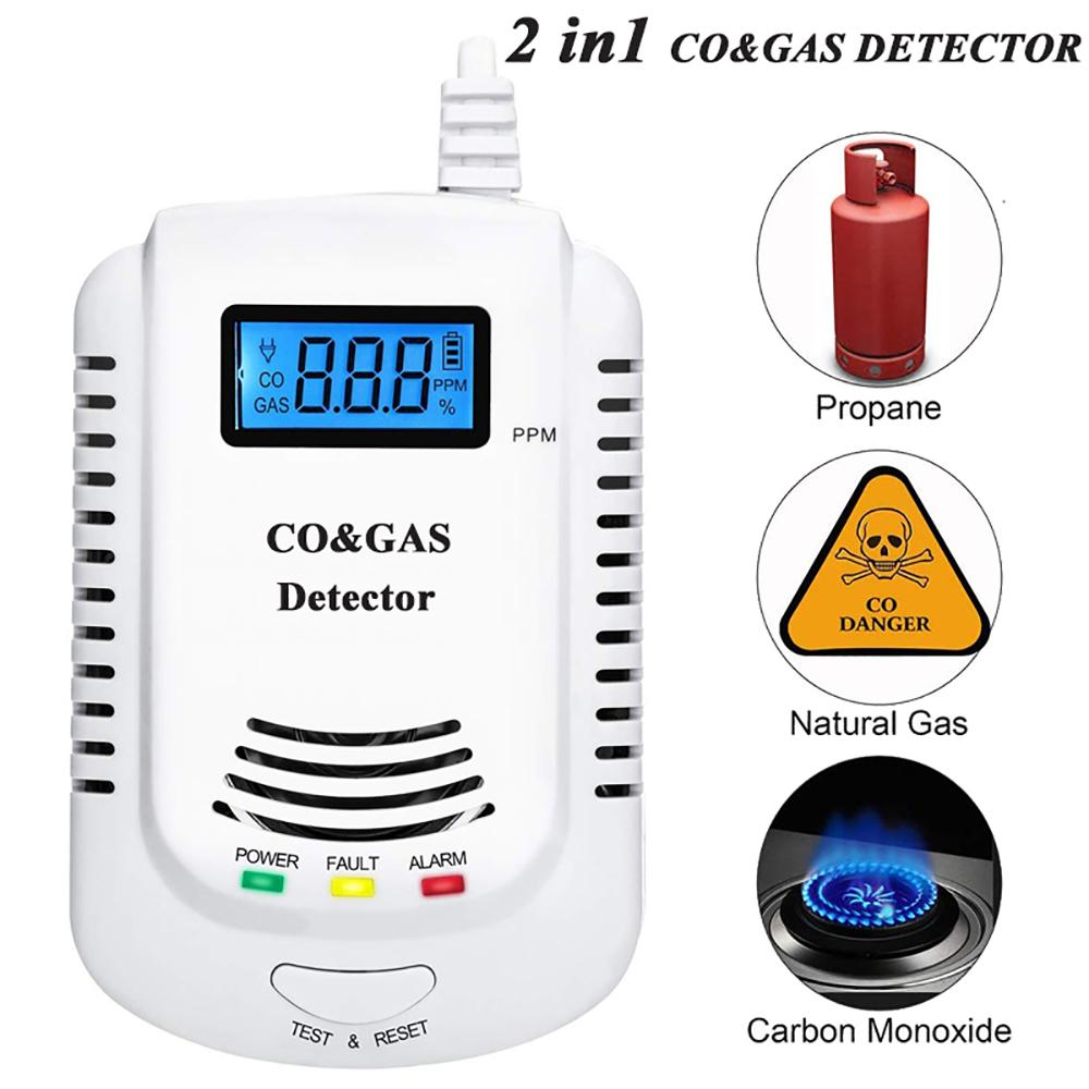 2 In 1 Propane Butane CO Sensor AC90V-240V EU Plug DC9V Battery Powered Combustible Gas Detector Fire Alarm LED Flash 85dB Sound KR002 2 IN 1