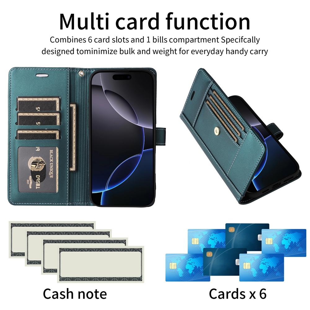 RFID Bloking Phone Case with 6 Card Slots & Cash Pocket Kickstand PU Leather Wallet Case with Wrist Strap for iPhone 17/16/15, Samsung, Xiaomi