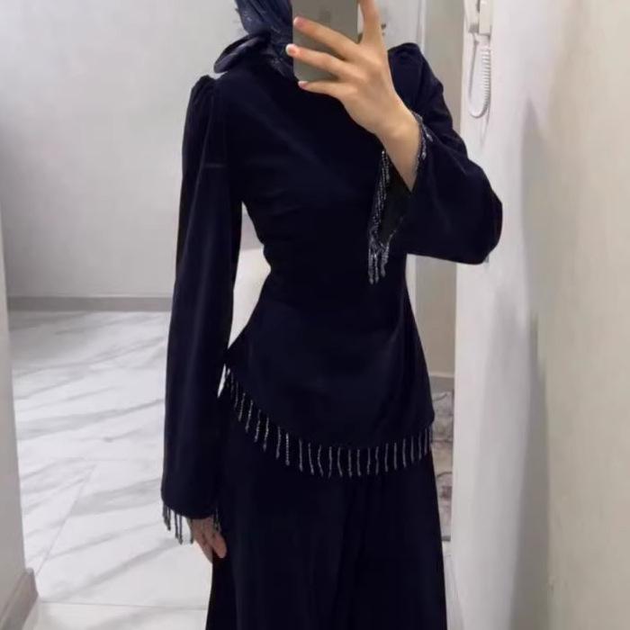 Cross-border Autumn Temperament Fringed Long-sleeved European and American Women's Clothing Amazon  Velvet French Celebrity Hip Skirt