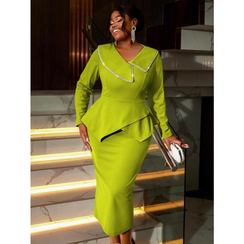 

Элегантное женское платье бодикон с отложным воротником, длинным рукавом, асимметричным дизайном, разрезом подола, облегающего кроя, миди, для офиса, вечеринки 4XL