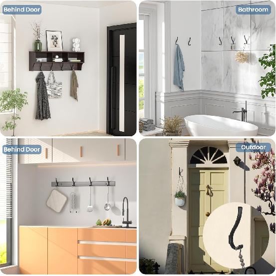 6PCS Large Black Coat Hooks, Heavy Duty Wall Mount, for Hanging, Backpacks, Bathroom, Mudroom, Entryway