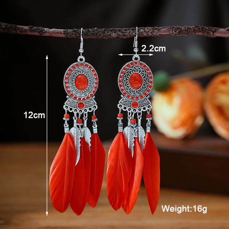 Bohemian Ethnic Long Drop Feather Earrings For Women Beads Handmade Enamel Boho Dangle Earrings Silver Color Jewelry Pendientes