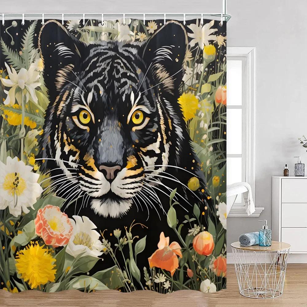 Wild Animals Shower Curtain Tiger Forest Elegant Panther Green Palnts Rose Floral Home Decor for Bathroom Polyester Bath Curtain