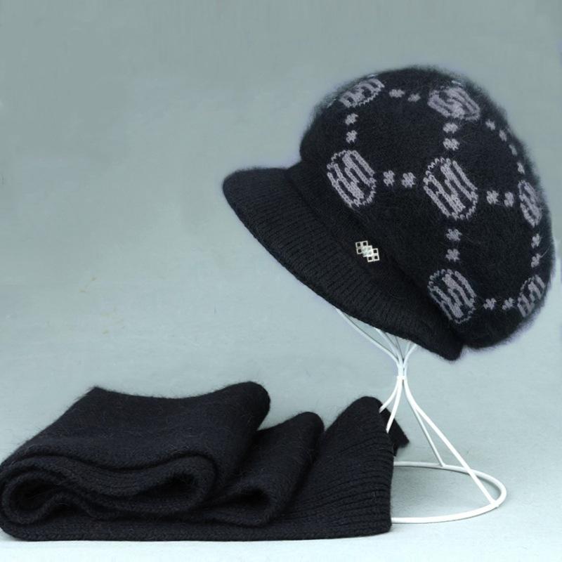 Elegant Winter Woolen Hat & Scarf Set for Women: Warm, Thick Knit with Ear Protection, Perfect for Middle-Aged & Elderly Ladies.