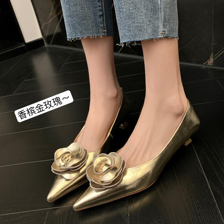 Champagne Rose~ Spring 2025 Pointed Head Shallow Mouth Medium Heel Temperament Celebrity French Kitten Heel Single Shoe Woman