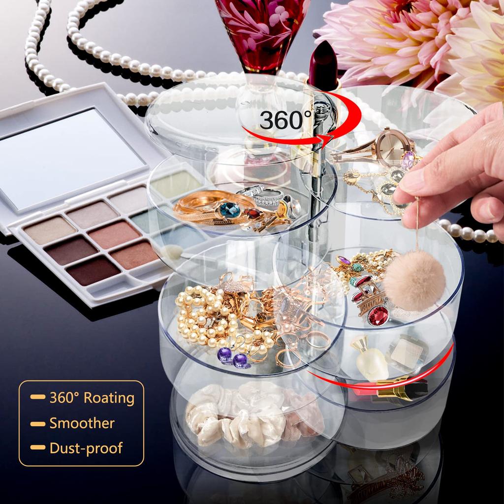 5 Tier Jewelry Organizer, Rotatable Hair Ribbon Box Earring Holder Organizer, Transparent Hair Accessories Storage Tray with Lid