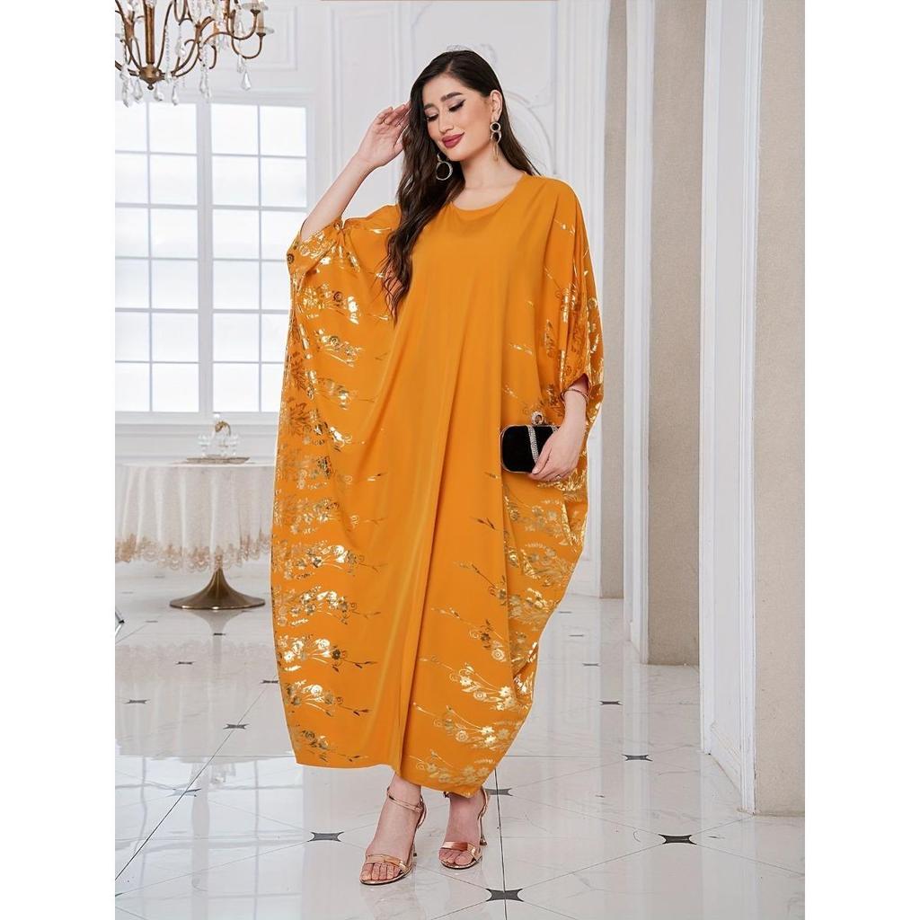 Ramadan-Kaftan mit Blumendruck und Rundhalsausschnitt, elegantes Maxikleid mit Fledermausärmeln und Schlitz, Damenbekleidung