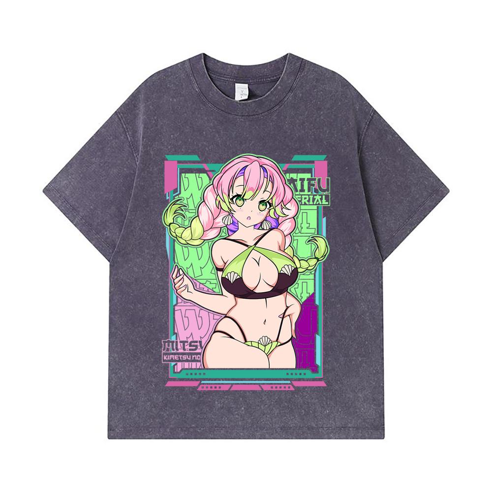 275 GSM Washed T-shirts 100% Cotton Demon Slayer V53 Mitsuri Waifu Print Unisex Heavy Cotton T Shirt