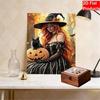 DIY Pearl Bead Art Canvas Witch with Black Cat Pumpkin Pattern Frameless 3D Painting Kit for Bedroom Living Room Wall Decor
