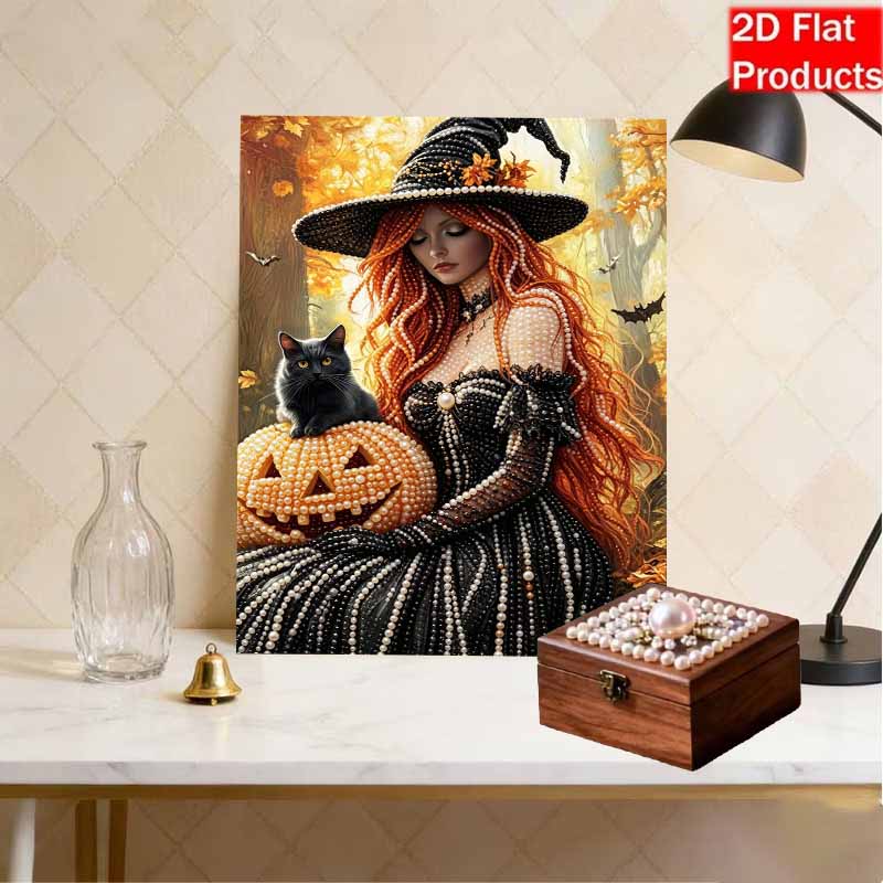 DIY Pearl Bead Art Canvas Witch with Black Cat Pumpkin Pattern Frameless 3D Painting Kit for Bedroom Living Room Wall Decor