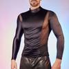 Men Sexy Mesh T-Shirt Oil Glossy Shiny Top Patchwork Tight-Fit Top Breathable Long Sleeve