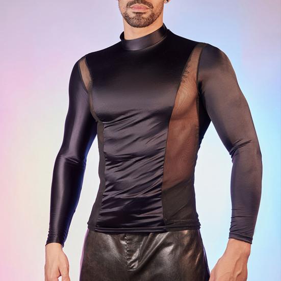 Men Sexy Mesh T-Shirt Oil Glossy Shiny Top Patchwork Tight-Fit Top Breathable Long Sleeve