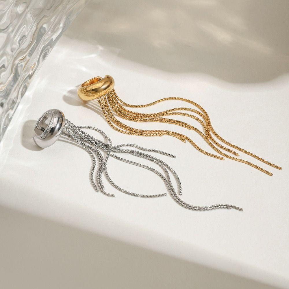 18K Gold C-shaped Ear Clip Stainless Steel Tassel Earrings Punk Gold Jewelry Travel